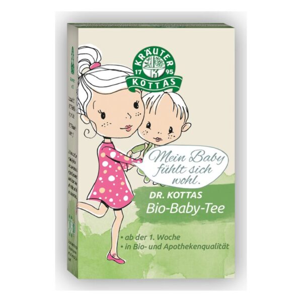Verpackung des Bio-Baby-Tees von Dr. Kottas mit einem Kind und einer lächelnden Mutter im Illustrationsstil.