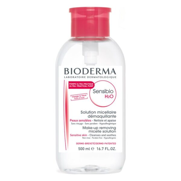 Flasche mit Bioderma Sensibio H2O, Mizellenlösung zur sanften Gesichtsreinigung für empfindliche Haut.