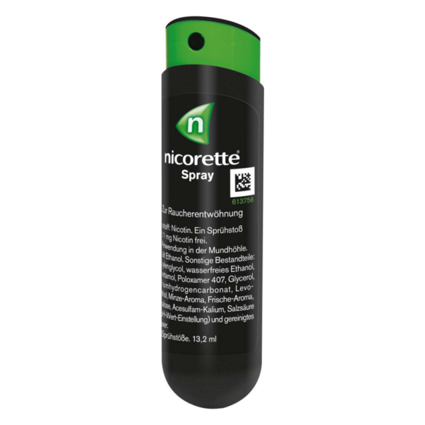 Nikotinfreies Nasenspray in schwarzer Verpackung mit grünem Sprühkopf zur Unterstützung bei der Raucherentwöhnung.