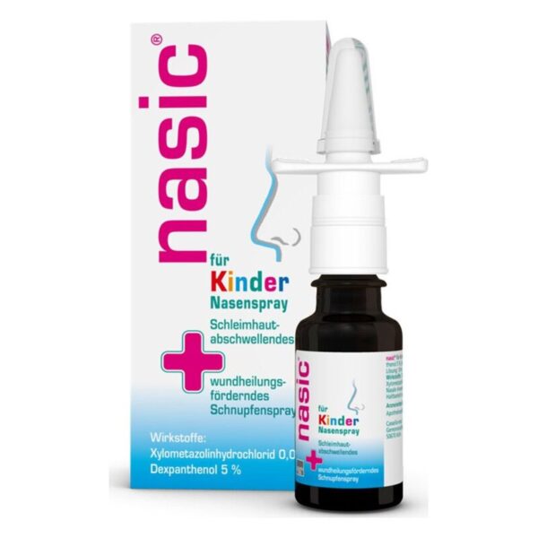 Nasic Nasenspray für Kinder in einer braunen Flasche mit Sprühkopf, umgeben von einer bunten Verpackung.