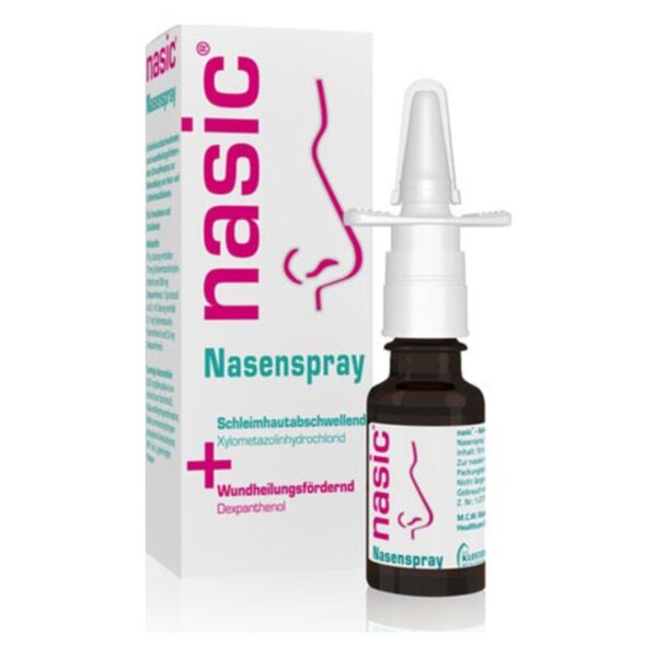 Nasic Nasenspray in brauner Glasflasche mit weissem Sprühkopf und Kartonverpackung, beschriftet mit Inhaltsstoffen und Anwendungshinweisen.