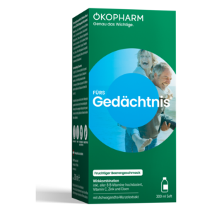 Verpackung eines Nahrungsergänzungsmittels für das Gedächtnis, fruchtiger Beerengeschmack, 300 ml Flasche.