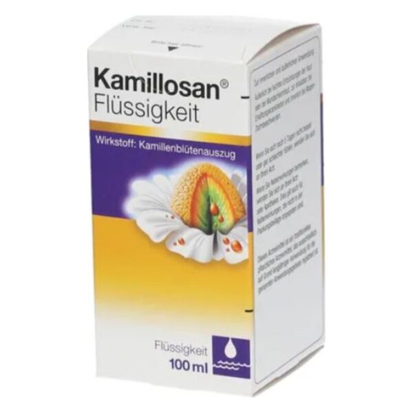 Packung von Kamillosan Flüssigkeit mit einer Darstellung von Kamillenblüten und einem gelben Farbschema.
