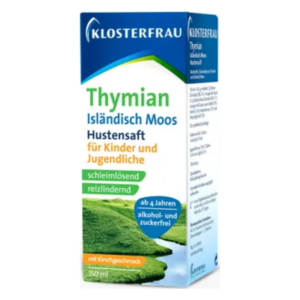 Verpackung des Thymian-Hustensaftes für Kinder, alkohol- und zuckerfrei, mit Kirschgeschmack, in 150 ml Flasche.