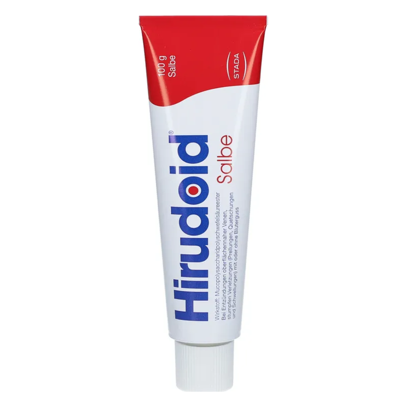 Tube mit Hirudoid Salbe in rotem und weißem Design, 100 g, zur Linderung von Hautbeschwerden.