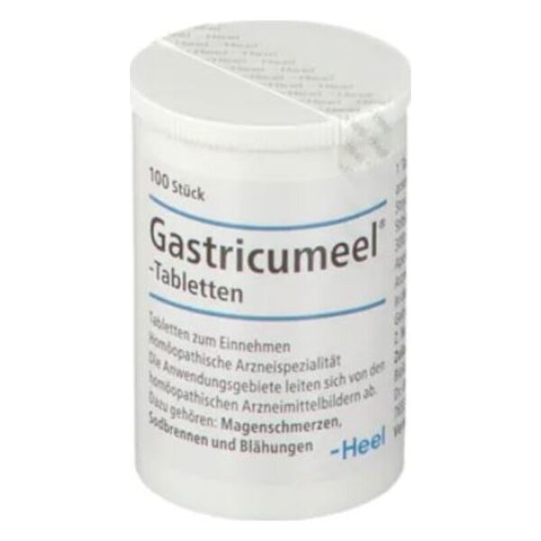 Runde, weiße Flasche mit Deckel, die Gastricumheel-Tabletten enthält, zur homöopathischen Anwendung bei Magenbeschwerden.