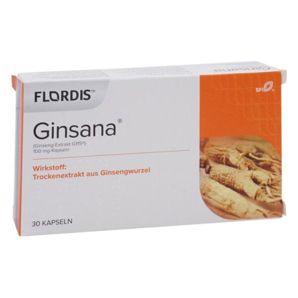 Verpackung von Ginsana, 100 mg Kapseln mit Ginseng-Extrakt, abgebildet auf einem weißen Hintergrund.