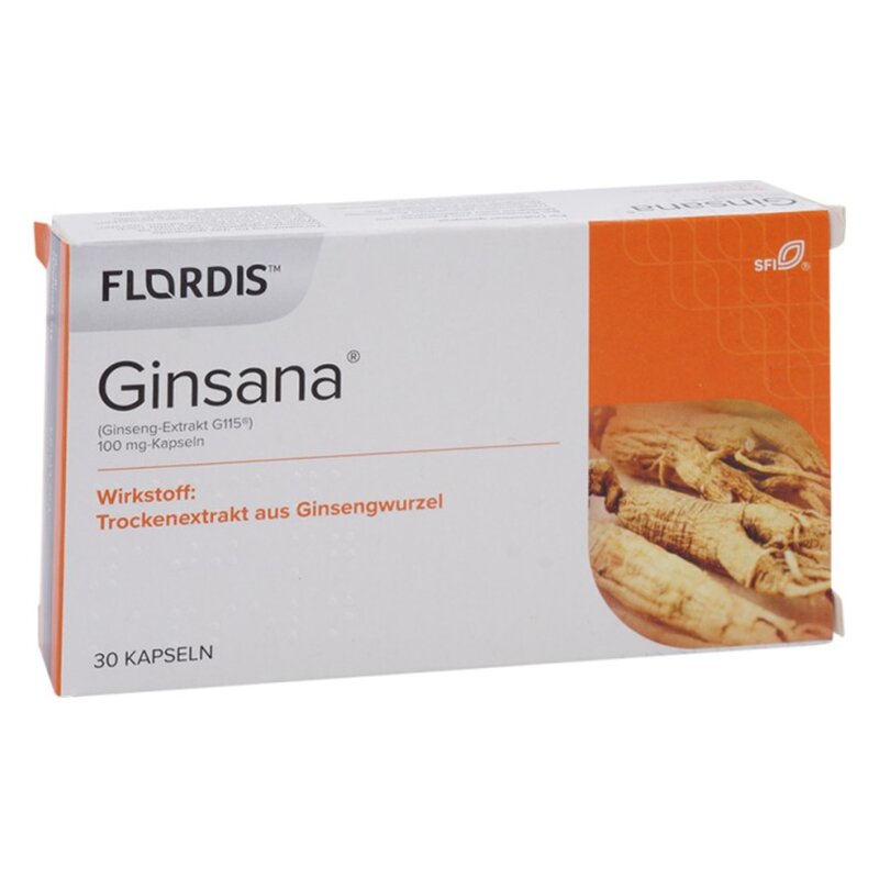 Verpackung von Ginsana, 100 mg Kapseln mit Ginseng-Extrakt, abgebildet auf einem weißen Hintergrund.