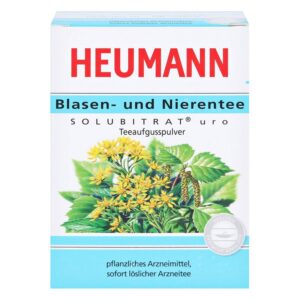 Verpackung von Heumann Blasen- und Nierentee, Teeaufgusspulver mit einer Abbildung von gelben Blüten und grünen Blättern.