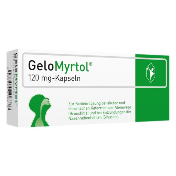 Verpackung von GeloMyrtol 120 mg-Kapseln zur Schleimlösung bei Atemwegserkrankungen und Nasennebenhöhlenentzündungen.