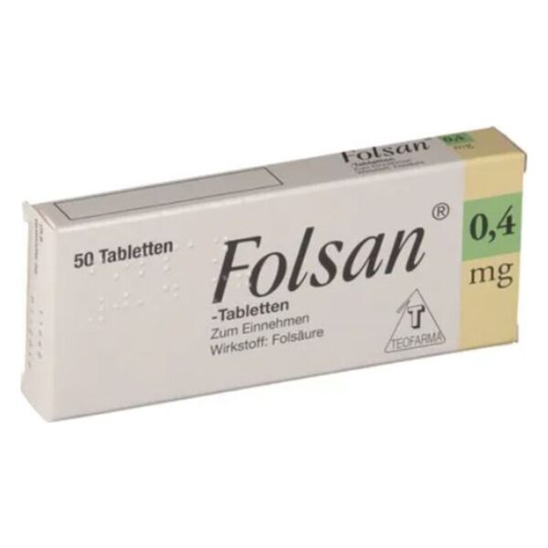Packung mit Folsan-Tabletten, 0,4 mg Folsäure, 50 Stück, in hellen Farben mit klarer Beschriftung.