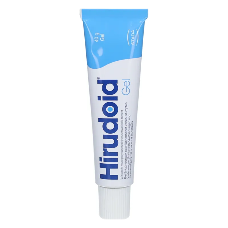 Tube mit Hirudoid Gel, blau-weißer Verpackung, enthält 40 g, zur Unterstützung bei Schwellungen und Blutergüssen.