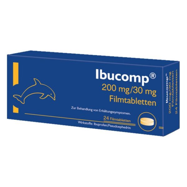 Blaue Verpackung mit einem Delphin, enthält Ibuprofen und Pseudoephedrin zur Behandlung von Erkältungssymptomen.