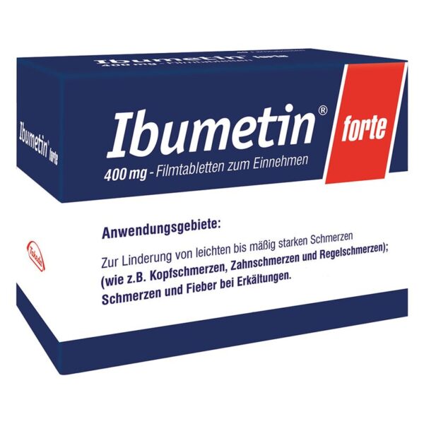 Blau-weiße Verpackung von Ibuprofen 400 mg Filmtabletten mit Anwendungsgebieten auf der Seite.