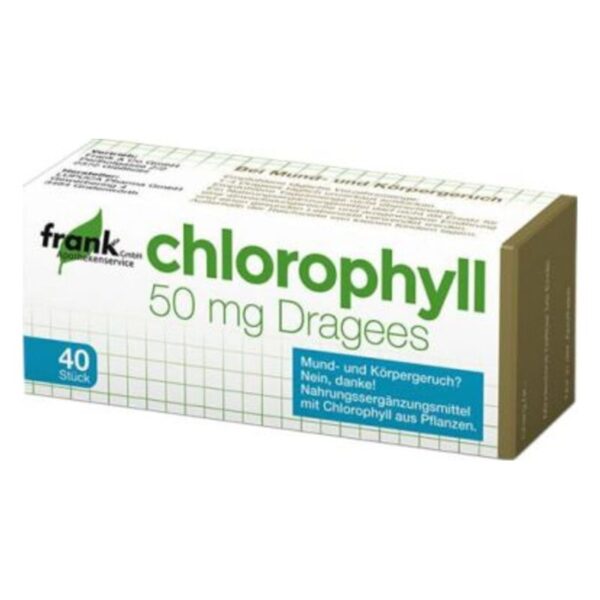 Packung mit Chlorophyll-Dragees, 50 mg, mit Hinweis auf Wirkung gegen Mundgeruch.