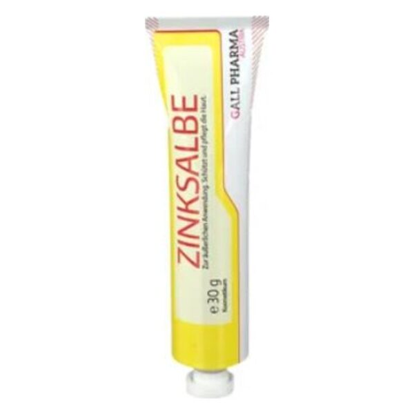 Tube mit Zinksalbe, gelb-weiß, zur Hautpflege und Behandlung von Hautirritationen.