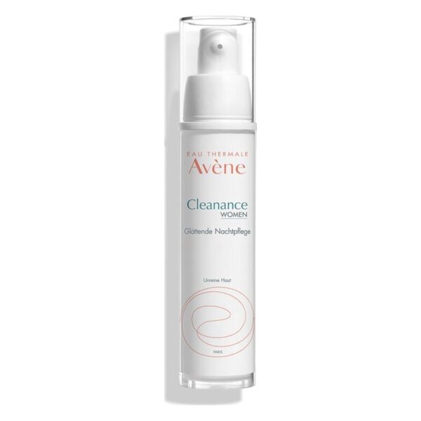 Flasche mit glättender Nachtpflege für Frauen von Avène, mit Pumpmechanismus und klarer, eleganter Verpackung.