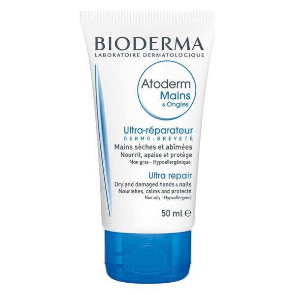 Tube mit Handcreme von Bioderma, geeignet für trockene und geschädigte Hände, 50 ml, mit blauer Kappe.