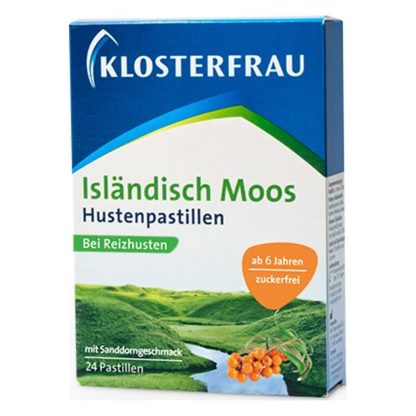 Packung Islänisch Moos Hustenpastillen von Klosterfrau mit grünem Berglandschaftshintergrund, angedeutetem Sanddorn-Geschmack.