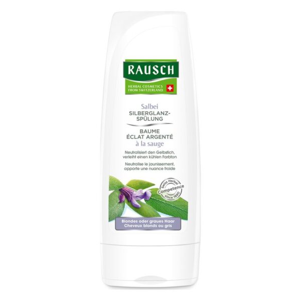 Verpackung einer Silberglanz-Spülung von Rausch für blondes oder graues Haar mit Salbei-Extrakt.