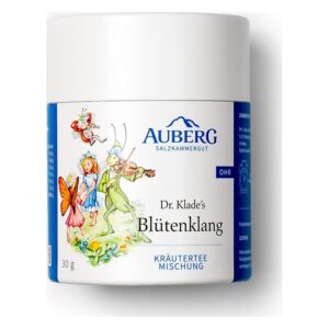 Runde Teedose mit buntem Märchenmotiven und Aufschrift Dr. Klade's Blütenklang, Kräutermischung, 30 g.