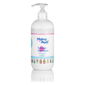 Plastikflasche mit Pumpe für mildes Familien-Shampoo, hell und freundlich gestaltet mit bunten Illustrationen.