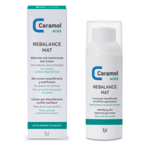 Eine matte Gel-Creme von Ceramol ACN3 in einer pumpbaren Flasche, verpackt in einer schmalen, informativen Box.