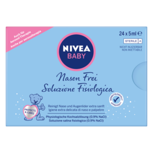 Verpackung von Nivea Baby Nasenfrei, eine sterile physiologische Kochsalzlösung in kleinen Ampullen.