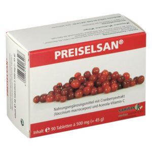 Packung mit Nahrungsergänzungsmittel PREISELSAN, enthält Cranberryextrakt und Acerola-Vitamin C.