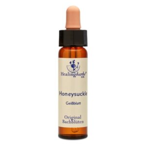 Braune Glasflasche mit Pipette, etikettiert mit "Honeysuckle Geißblatt, Original Bachblüten" von Healingherbs.