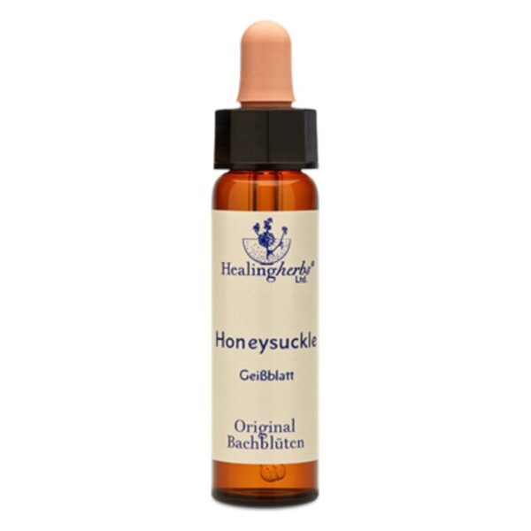 Braune Glasflasche mit Pipette, etikettiert mit "Honeysuckle Geißblatt, Original Bachblüten" von Healingherbs.