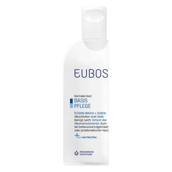 Weiße Flasche mit blauer Schrift, die eine milde Wasch- und Duschlotion für normale Haut beschreibt.