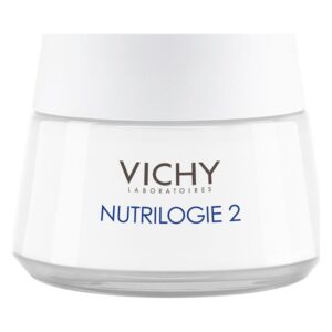 Eine weiße Cremedose mit einem klaren Deckel, beschriftet mit "VICHY NUTRILOGIE 2".