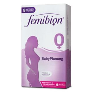 Verpackung von femibion BabyPlanung, eine Nahrungsergänzung für die Schwangerschaftsplanung, in einer lila Box.