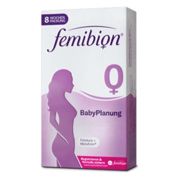 Verpackung von femibion BabyPlanung, eine Nahrungsergänzung für die Schwangerschaftsplanung, in einer lila Box.
