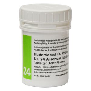 Weißer Kunststoffbehälter mit Schraubverschluss, beschriftet mit homöopathischem Mittel Nr. 24 Arsenum iodatum.