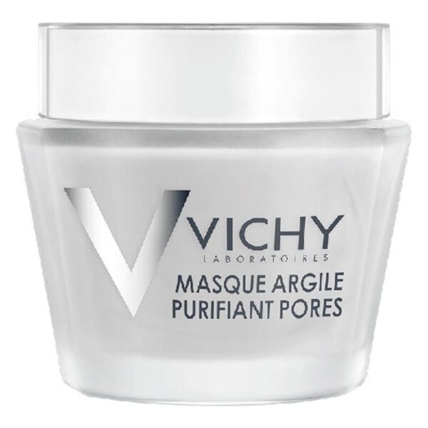 Helle, runde Dose mit weißem Inhalt, beschriftet mit "Vichy Masque Argile Purifiant Pores" und einem silbernen Logo.