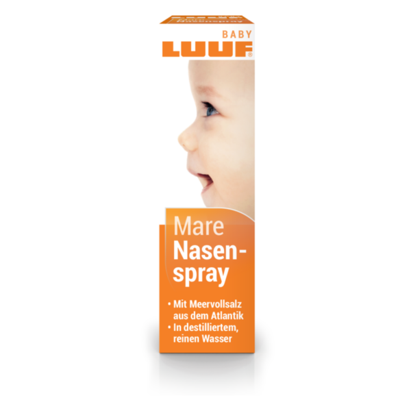 Verpackung von LUUF Mare Nasenspray für Babys, mit einem lächelnden Babyprofil und orangefarbener Schrift.