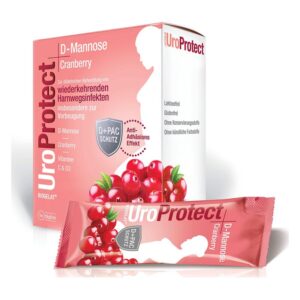 Verpackung von UroProtect mit D-Mannose und Cranberry zur Vorbeugung von Harnwegsinfekten, laktose- und glutenfrei.