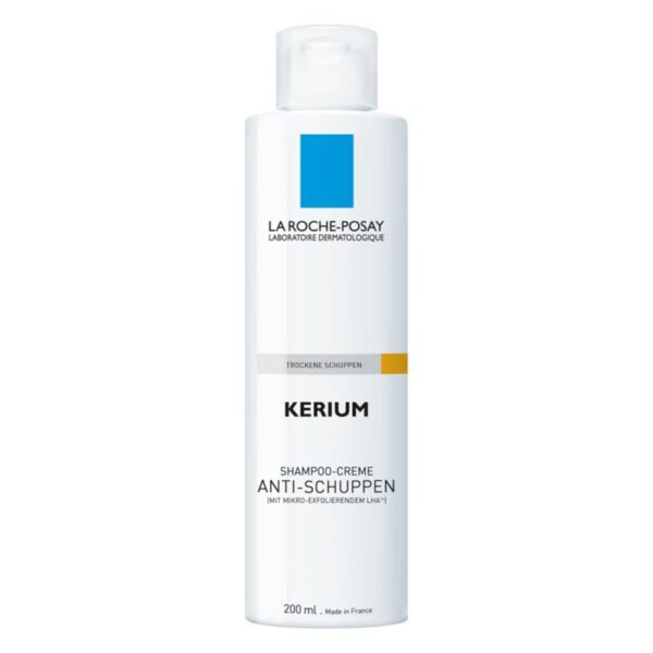 Helle Flasche mit weißem Inhalt, Etikett zeigt die Marke La Roche-Posay und die Produktbezeichnung Kerium. Schuppen-Shampoo für trockene Kopfhaut.