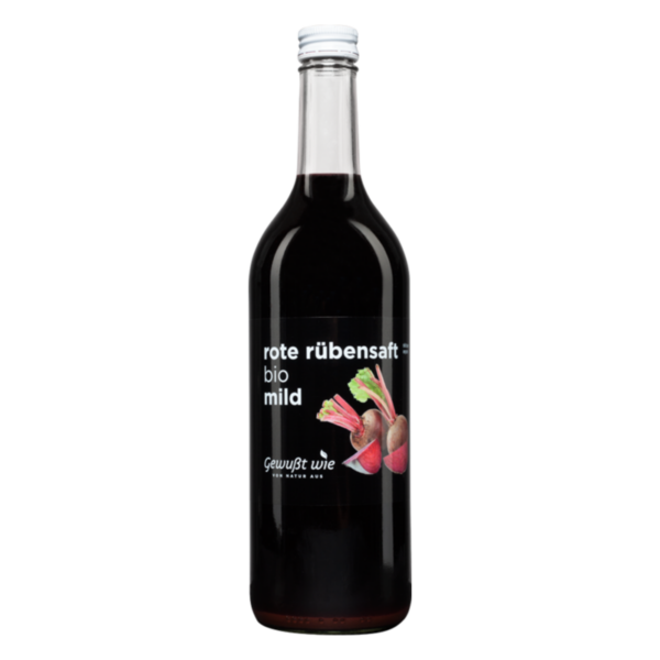 Flasche mit rotem Rübensaft, Bio-Produkt mit einem milden Geschmack und ansprechendem Etikett.