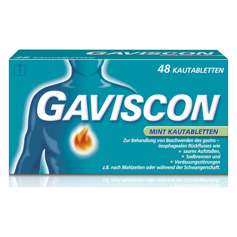 Gaviscon Mint Kautabletten Packung mit 48 Tabletten zur Linderung von Sodbrennen und Verdauungsstörungen.
