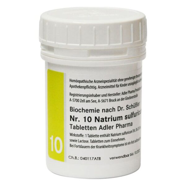 Runder, weißer Behälter mit plastikschraubverschluss, Inhalt: homöopathische Natrium-sulfuriicum-Tabletten, Hinweis auf die Verwendung.
