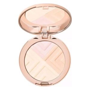 Runder, offener Kompaktpuder mit mehreren farblichen Schichten in zarten Nude-Tönen und einem roségoldenen Gehäuse.