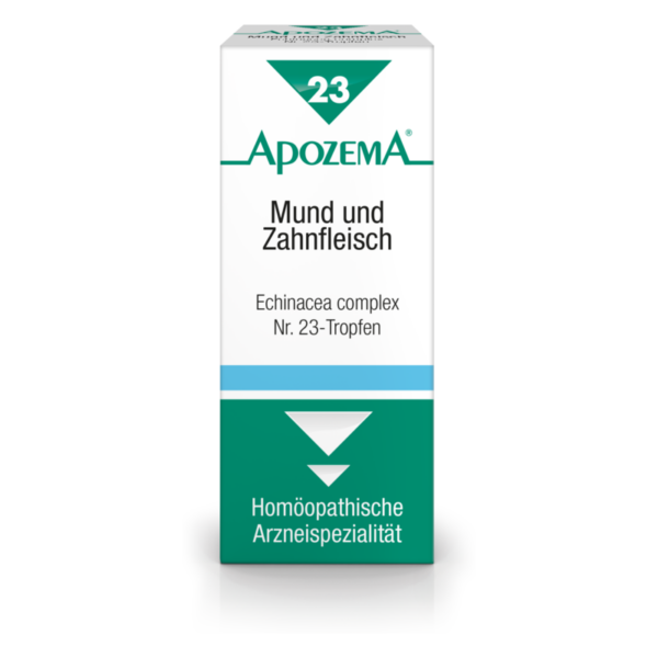 Verpackung von ApoZEMA Mund und Zahnfleisch Tropfen mit Echinacea-Komplex, grün-weiße Box mit blauen Akzenten.