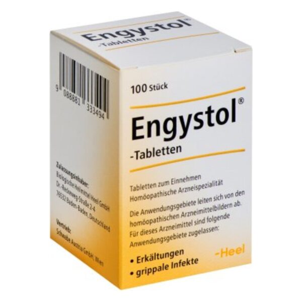 Weißer Karton mit Engystol-Tabletten, angegeben sind Anwendungsgebiete wie Erkältungen und grippale Infekte.