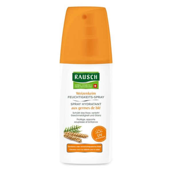 Weizenkeim Feuchtigkeits-Spray von Rausch in einer weißen Flasche mit orangefarbenem Deckel und Pflanzenmotiv.