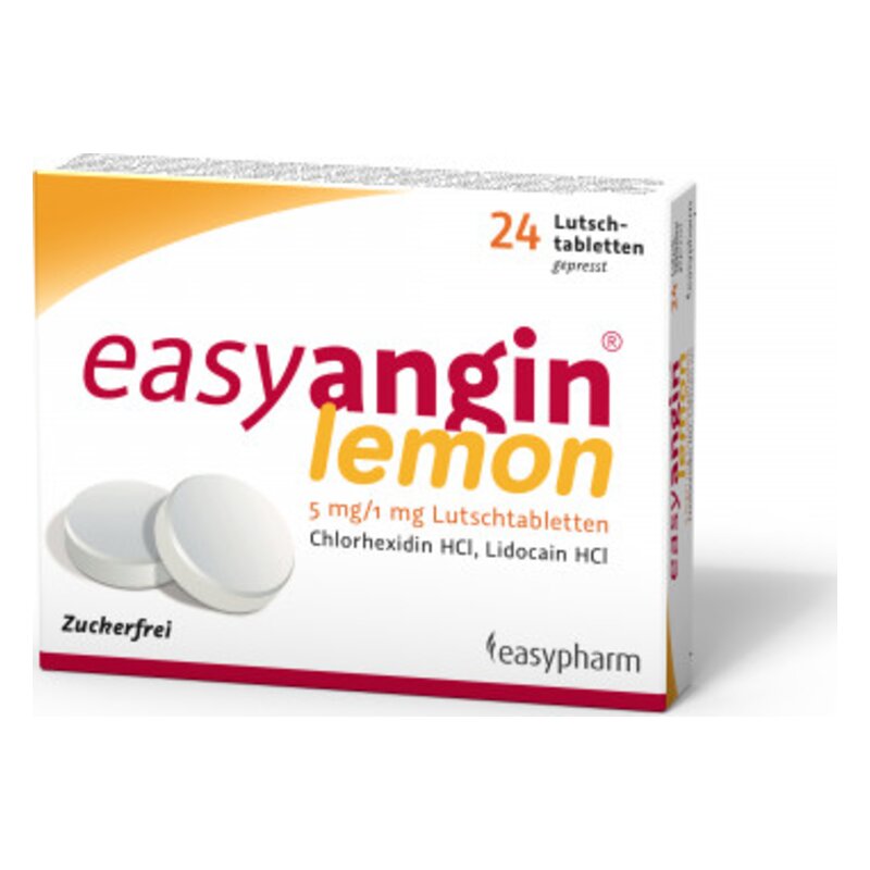 Packung mit 24 zuckerfreien Lutsch-tabletten lemon, enthält Chlorhexidin und Lidocain.