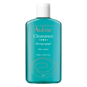Flasche mit Avène Cleanance Reinigungsgel für fettige Haut, türkisfarbe, mit Schraubverschluss und beschreibendem Etikett.