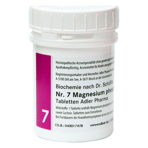 Weißer Behälter mit Schraubverschluss, enthält homöopathische Magnesiumphosphat-Tabletten von Adler Pharma.
